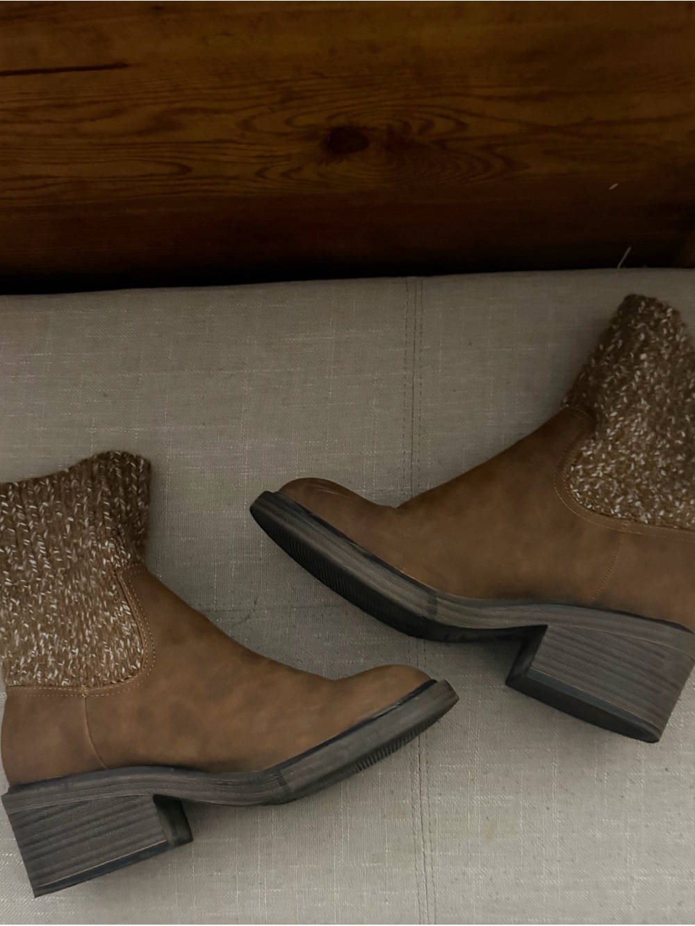 Women's Tan Knit-Collar Ankle Booties